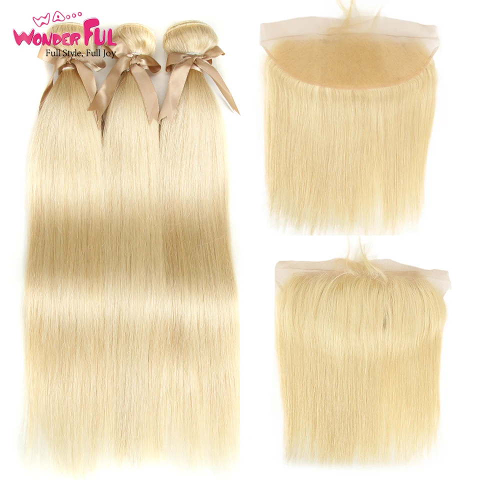 

Remy Blonde Bundles With Frontal 613 Frontal With Bundles Indian Straight Bundles With Frontal 613 Frontal With Baby Hair 4/5Pcs
