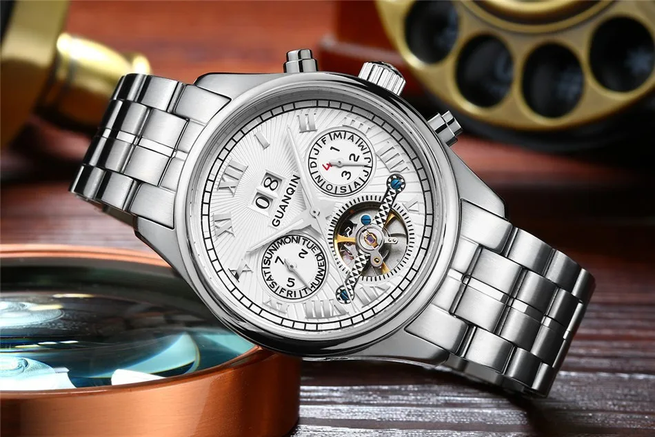 NEW GUANQIN Men's Watch Automatic Mechanical Tourbillon Watch Calendar Luminous Week Month Waterproof Watch Men Steel Wristwatch (5)