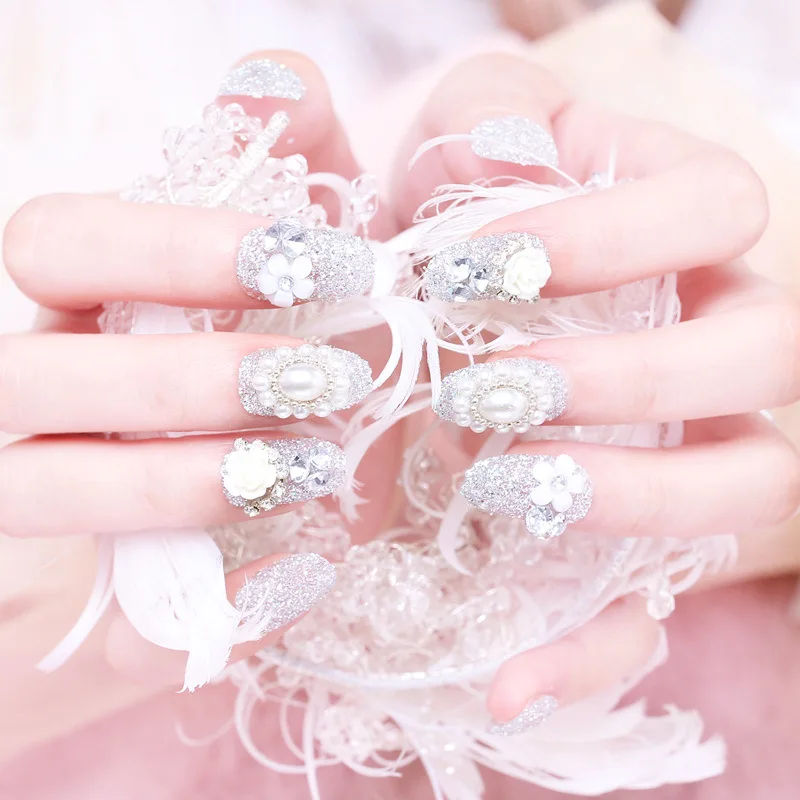 

24pcs Full Cover Nail Art Tips With Glue Bride Shining Rhinestone Wedding Fake Nail Beauty DIY Simulation Pearl False Nails