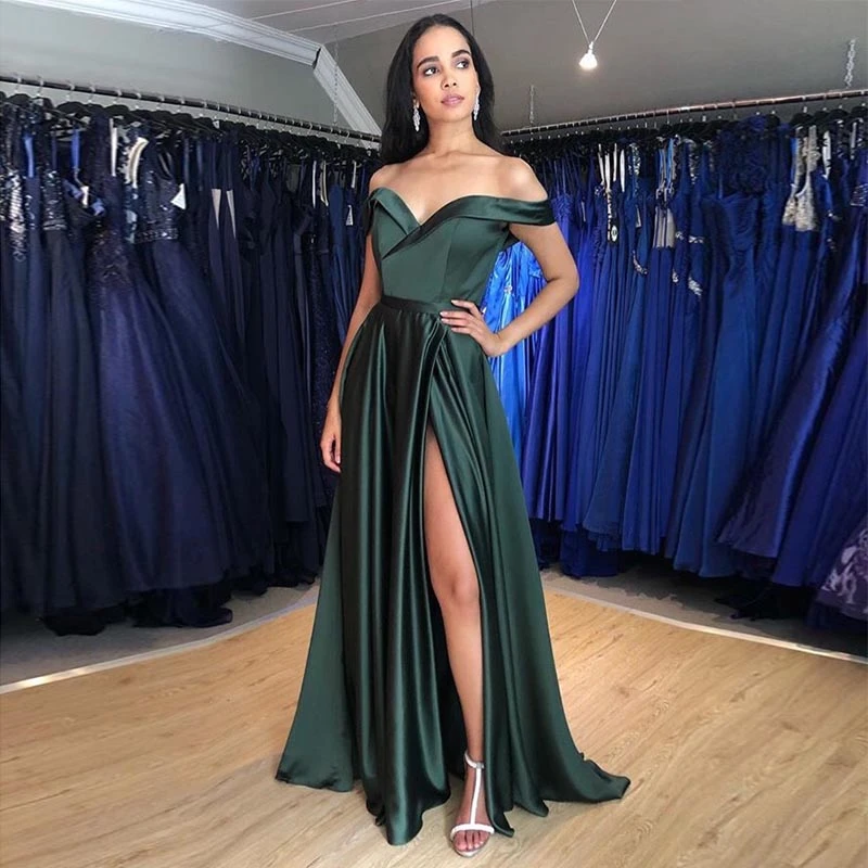 ball gown prom dresses Simple Long Prom Dress Off Shoulder Multi Color Front Split Robe De Soiree Forest Green Burgundy Special Occasion Party Gowns mermaid prom dresses