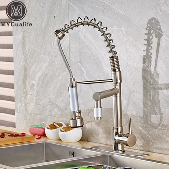 

Brushed Nickel Deck Mounted Pull Down Swivel Spray Kitchen Sink Faucets Two Spouts Hot Cold Mixer Taps with Cover Plate