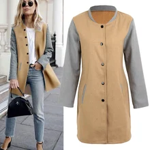 Осень-зима, Женское пальто и куртка, контрастный пэчворк, длинный рукав, карманы, пуговицы, теплая Повседневная Уличная одежда