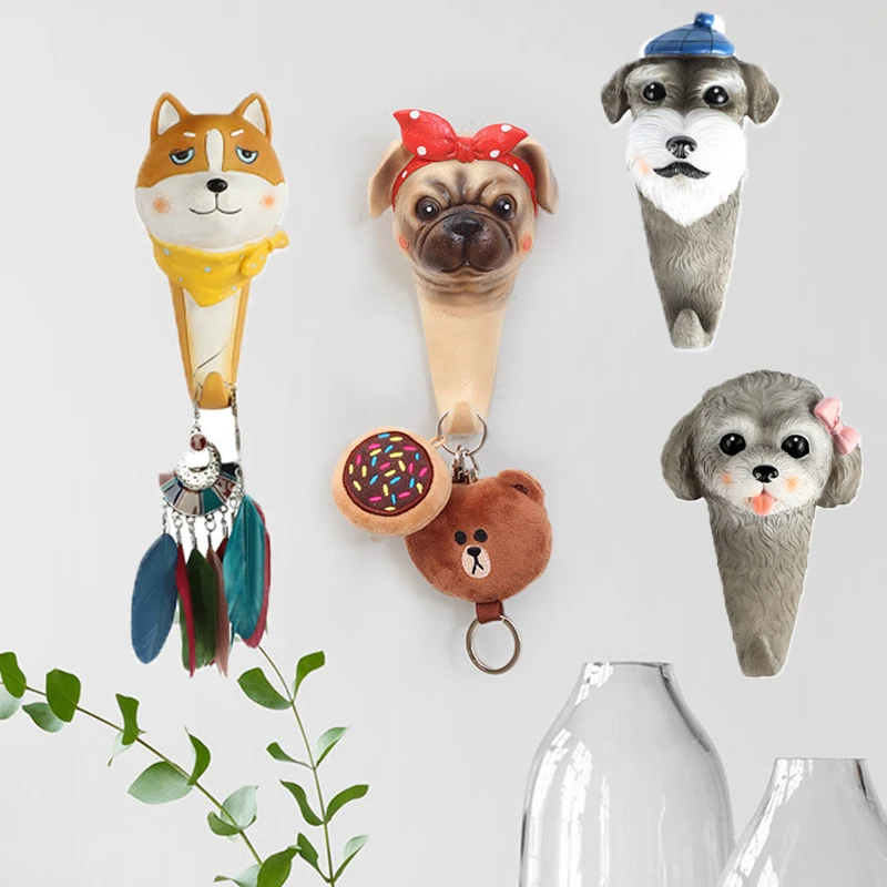 2pcs Adorable Dog Head Wall Hooks Hanger Key Hair Pin Holder Adhesive