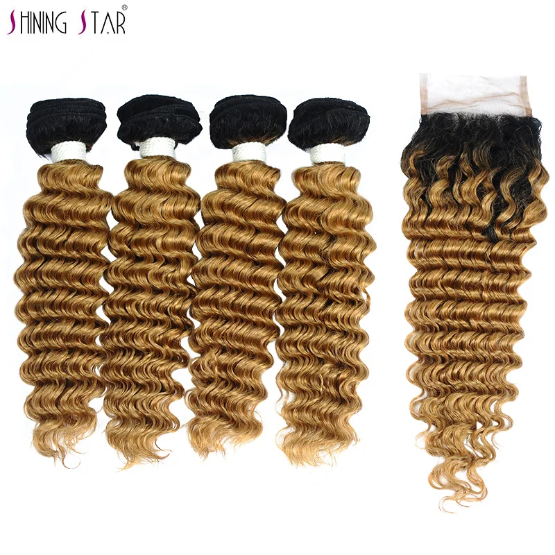 

4 Malaysian 1B 27 Honey Blonde Bundles With Closure Human Hair Colored Ombre Deep Wave Bundles With Closure Shiningstar Non Remy