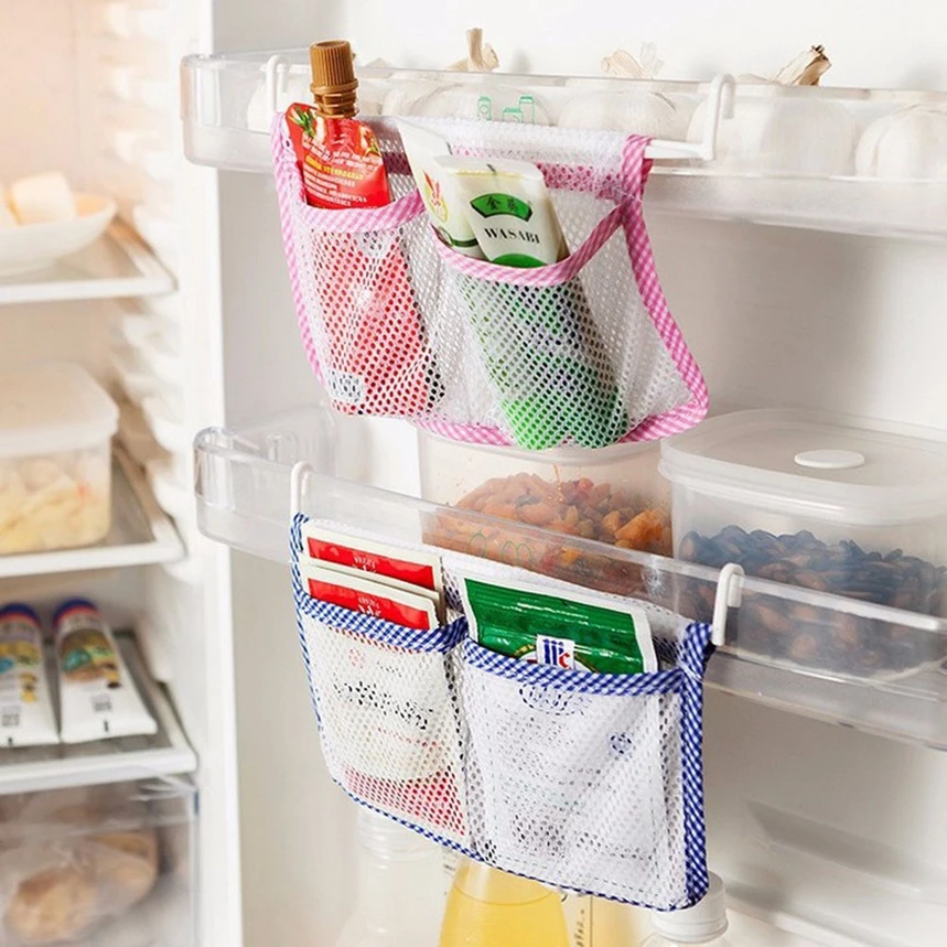 

Fridge Grid Storage Bag Kitchen Refrigerator Hanging Storage Bag Food Organizer Fridge Mesh Holder F803