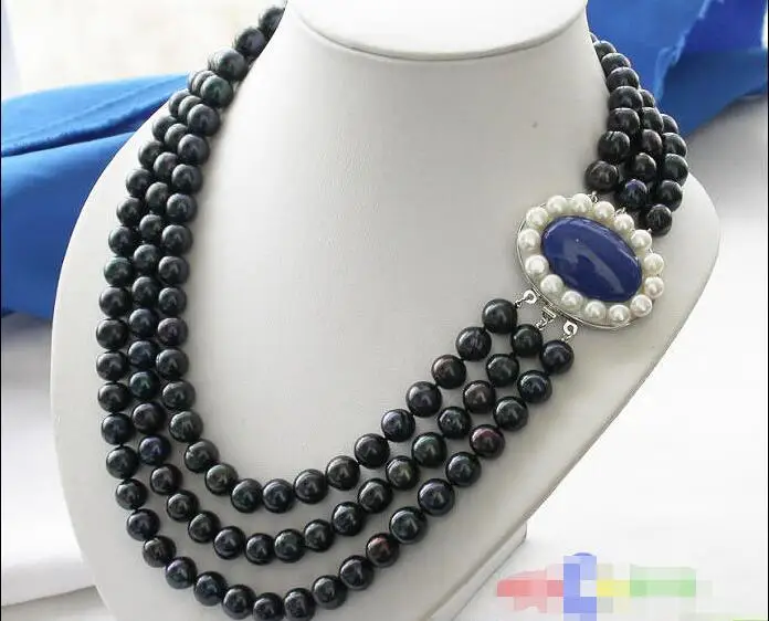 

FREE SHIPPING HOT sell new Style >>>> 3row 11mm black ROUND FRESHWATER CULTURED PEARL NECKLACE LAPIS p2014