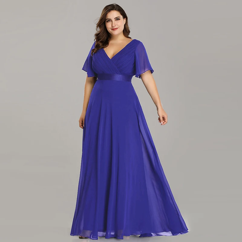 Вечерние платья размера плюс, элегантные шифоновые длинные вечерние платья с v-образным вырезом и коротким рукавом - Цвет: Saphiree Blue