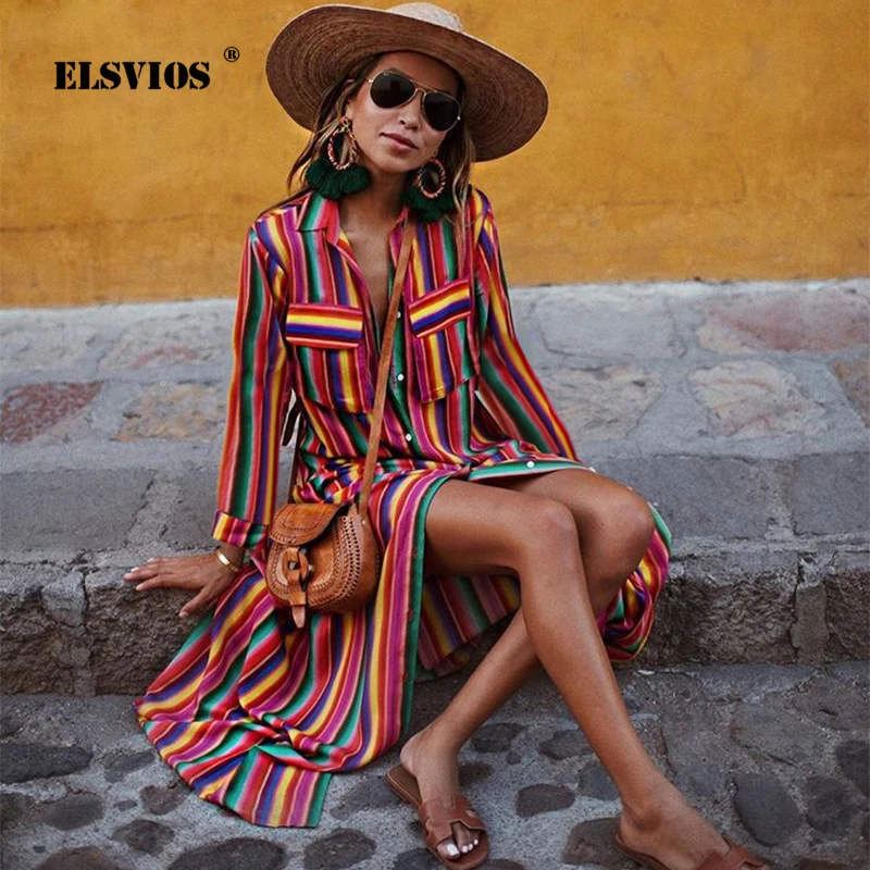 

ELSVIOS Plus Size Vintage Rainbow Striped Boho Long Dress Women Button Turn-down Collar Maxi Dress Autumn Floor-Length Dresses