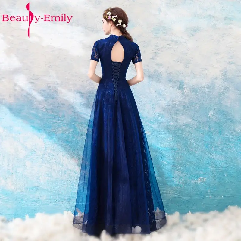 Красота Emily темно синие трапециевидные Длинные Бисероплетение кружево Вечерние