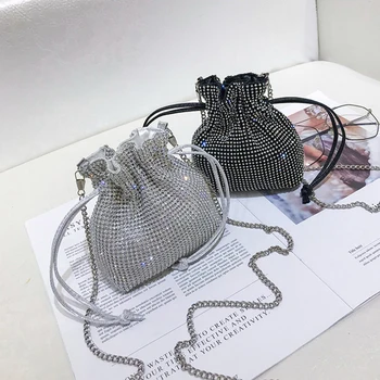 

Women Diamond Chain Bucket Shoulder Bag Luxury Evening Bag Lady Wedding Party Pouch Mini Diamond Drawstring Bag Small Coin Purse
