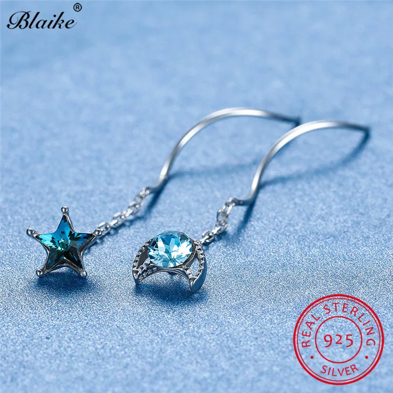 

Cute Blue Crystal Star Moon Stud Earrings For Women s925 Sterling Silver Wave Chain Ear Line Long Earrings Wedding Fine Jewelry