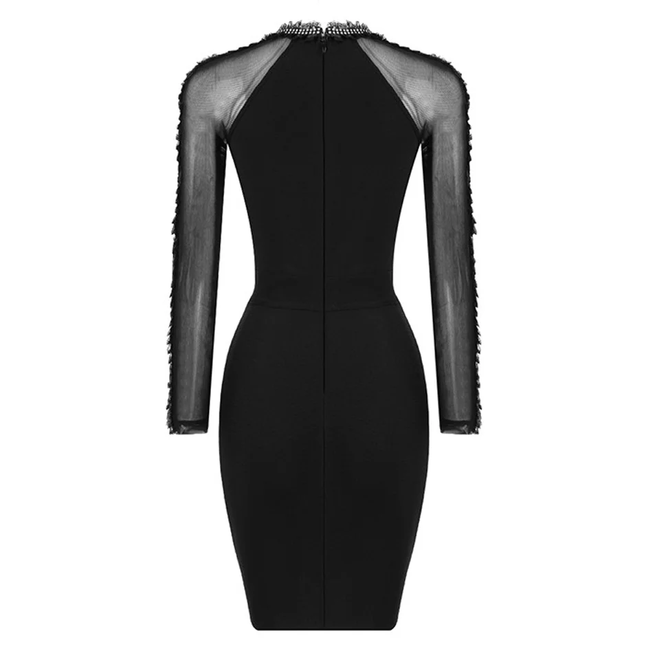 Sexy Lace Crystal Embellished Patchwork Long Sleeve See Through Round Neck Mini Bandage Dress