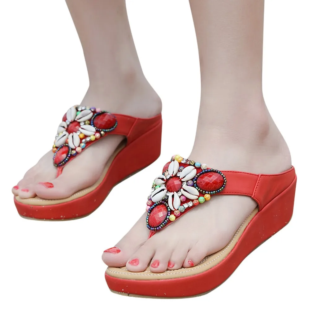 

2019 Bohemia Summer Women Ladies Pearl Wedges Sandals Beach Flops Flip Slipper Shoes шлепки женские