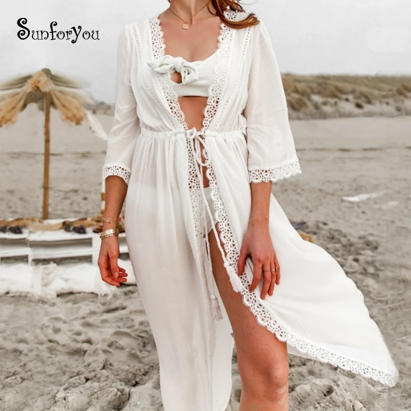 

Swimsuit cover up 2019 Cotton White Beach Dress Lace Cover-up Robe de Plage Bathing suit Cover ups Kaftan Beach Saida de Praia