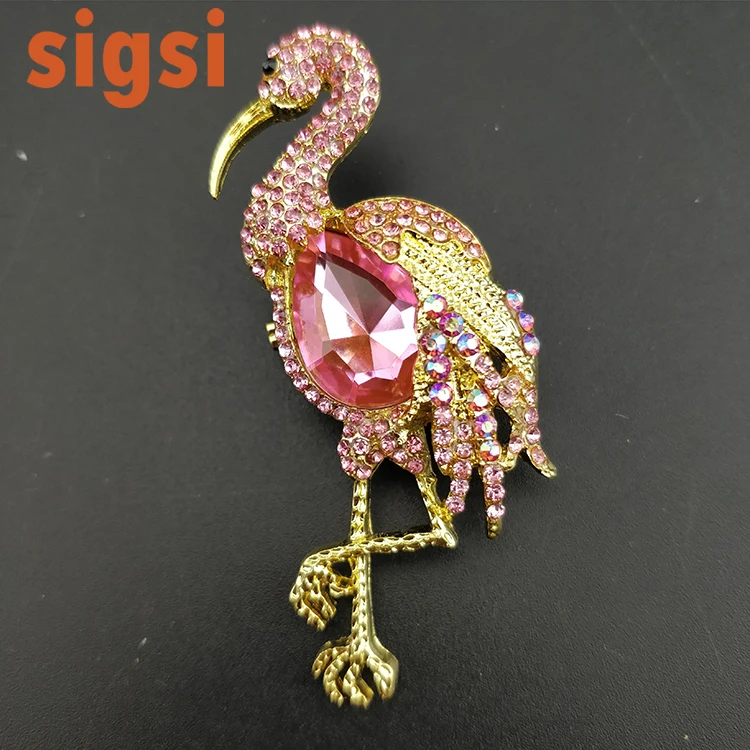 

50/100pcs fashion fancy customized gold tone rhinestone crystal 60mm flamingo animal brooch pins