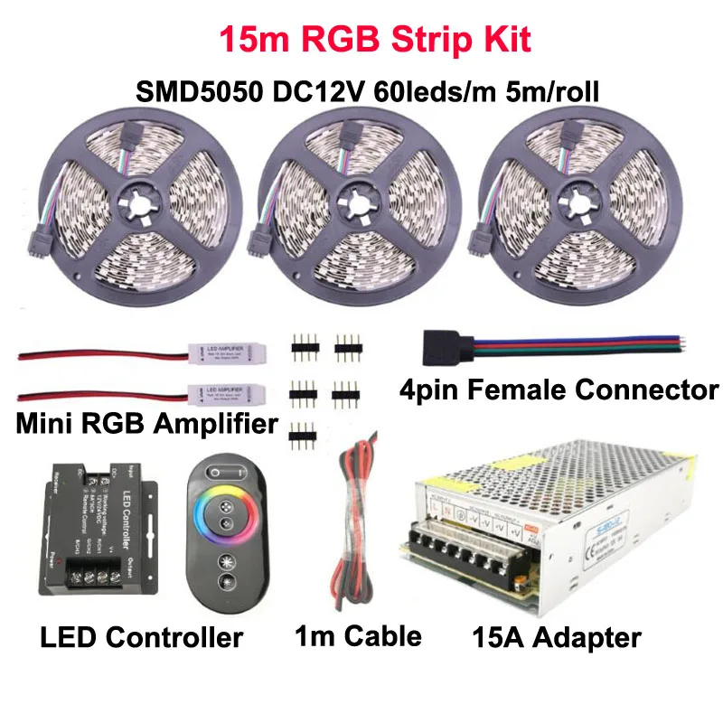 Светодиодная лента 5050 RGB Ambilight 10 метров 15 метров веревка 60 Светодиодный s/m+ 12 В 24 В светодиодный контроллер цветное кольцо Сенсорное управление+ адаптер переменного тока