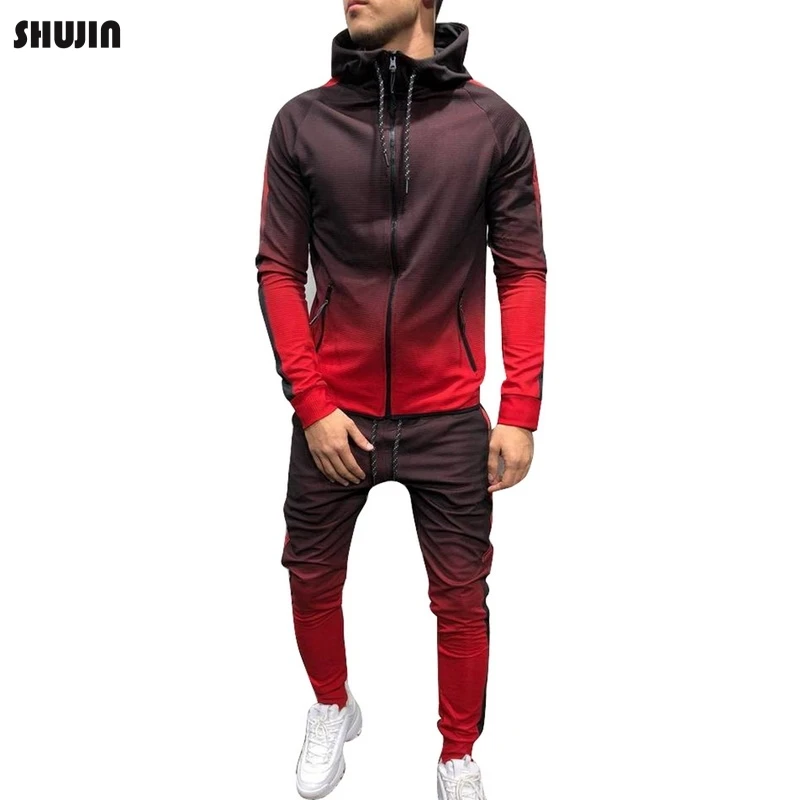 

SHUJIN 2019 Men Sportwear Set Zipper Hooded Sweatshirt Jacket Pants Gradient Male Spring Autumn Slim Fit Pocket 2 Pieces Suit
