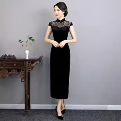 Новинка 2018 года Длинные Cheongsam Мода китайский стиль короткий рукав платье женские велюр Qipao Тонкий платья для вечеринок Весна Леди Vestido