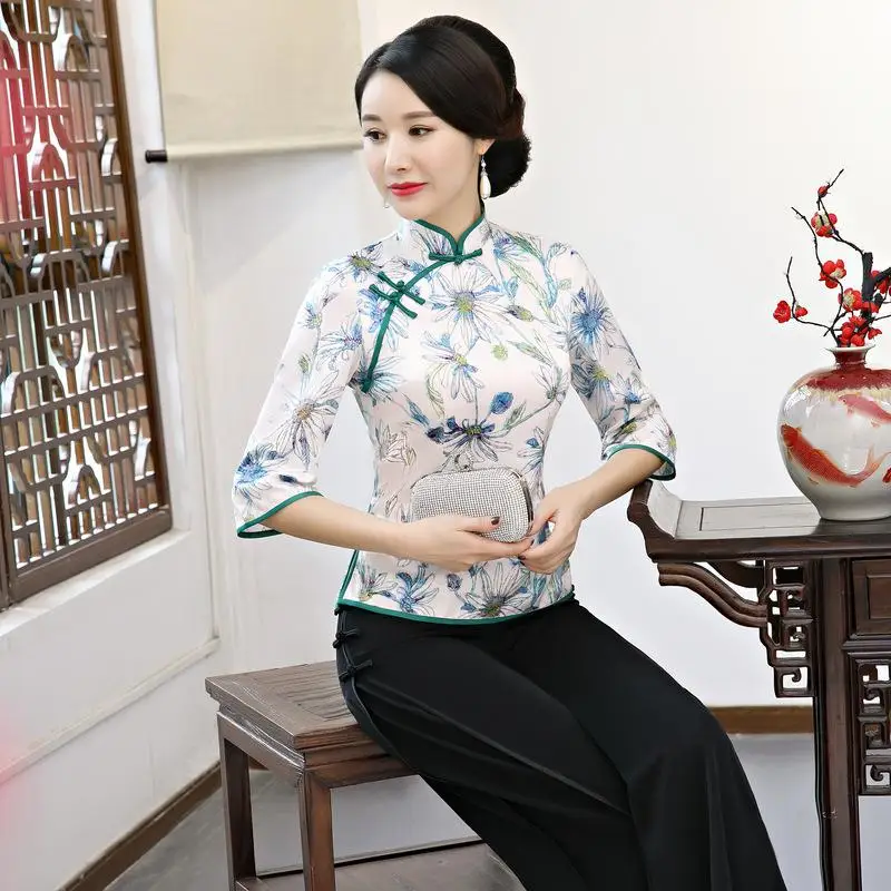 Женская одежда с цветочным принтом больших размеров XXXL, винтажные Топы Tang с воротником-стойкой, деловая рубашка из вискозы в китайском стиле, женская блузка - Цвет: Color 1