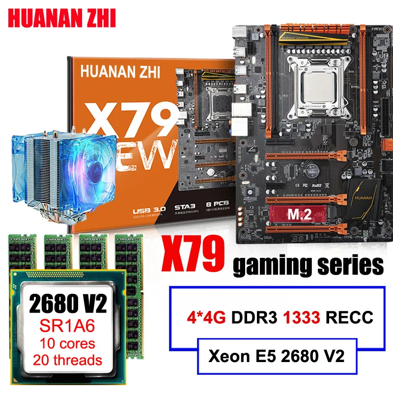 Рекламная материнская плата huanan Zhi Deluxe gaming X79 с M.2 слотом cpu Xeon E5 2680 V2 SR1A6 с кулером для процессора ram 16G(4*4G) RECC