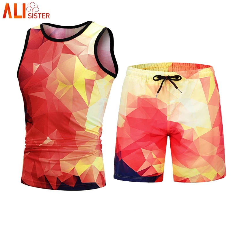 

Alisister Block Print Suits Tank Top Shorts 2 Pieces Set Mens Summer Tracksuit 3d Print Sleeveless Vest Short Pants Suits Male