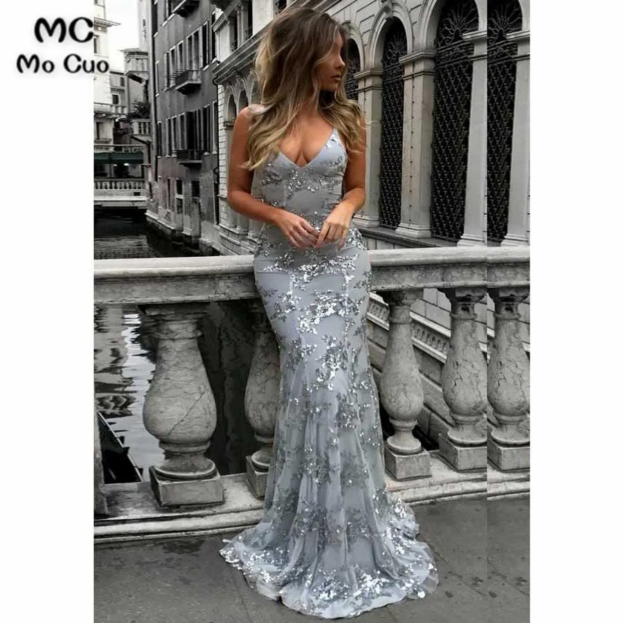 

2018 Sexy Grey Evening Dresses Long Spaghetti Straps V-Neck Sequined Lace Mermaid Prom Gown Backless Formal Evening Party Dress