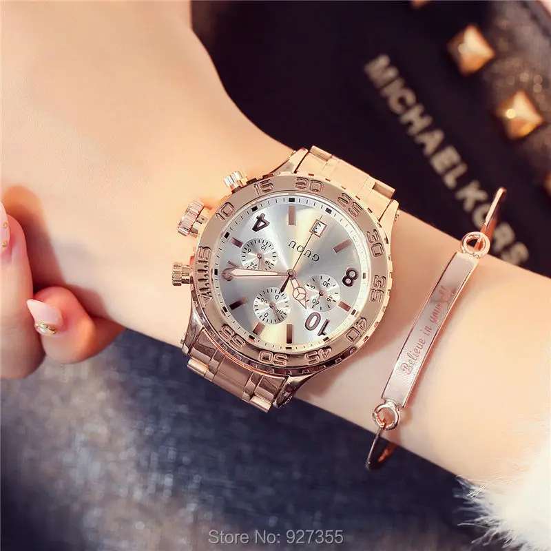 Goedkoop 2017 Nieuwe GUOU Horloge Mode Vrouwen Kalender Rose Goud Quartz Horloge Zes pin Retro Grote Wijzerplaat Vrouwelijke Multifunctionele Waterdichte klokken