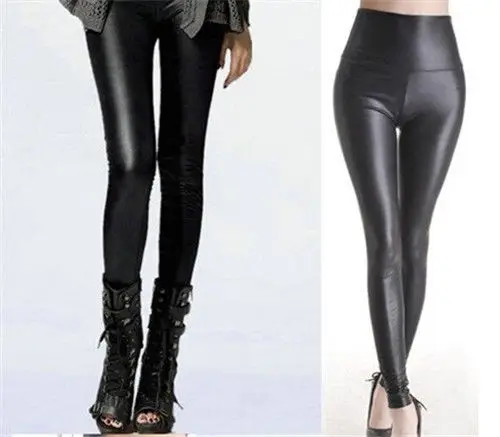 Shiny-Metallic-High-Waist-Black-Stretchy-Leather-Leggings-S-M-L-XL-Plus-Size