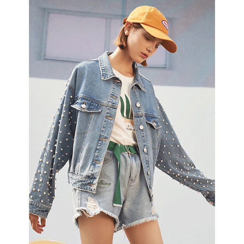 lower price Toyouth 2019 Women Spring Jacket Fashion Long Sleeve Pearl Short Coat New Arrival Female Turn-Down