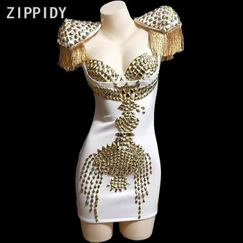 

Gold Rhinestones Tassel Dress V-neck White Dress Women's Birthday Celebrate Outfit Nightclub Party Women Singer Dancer Dress