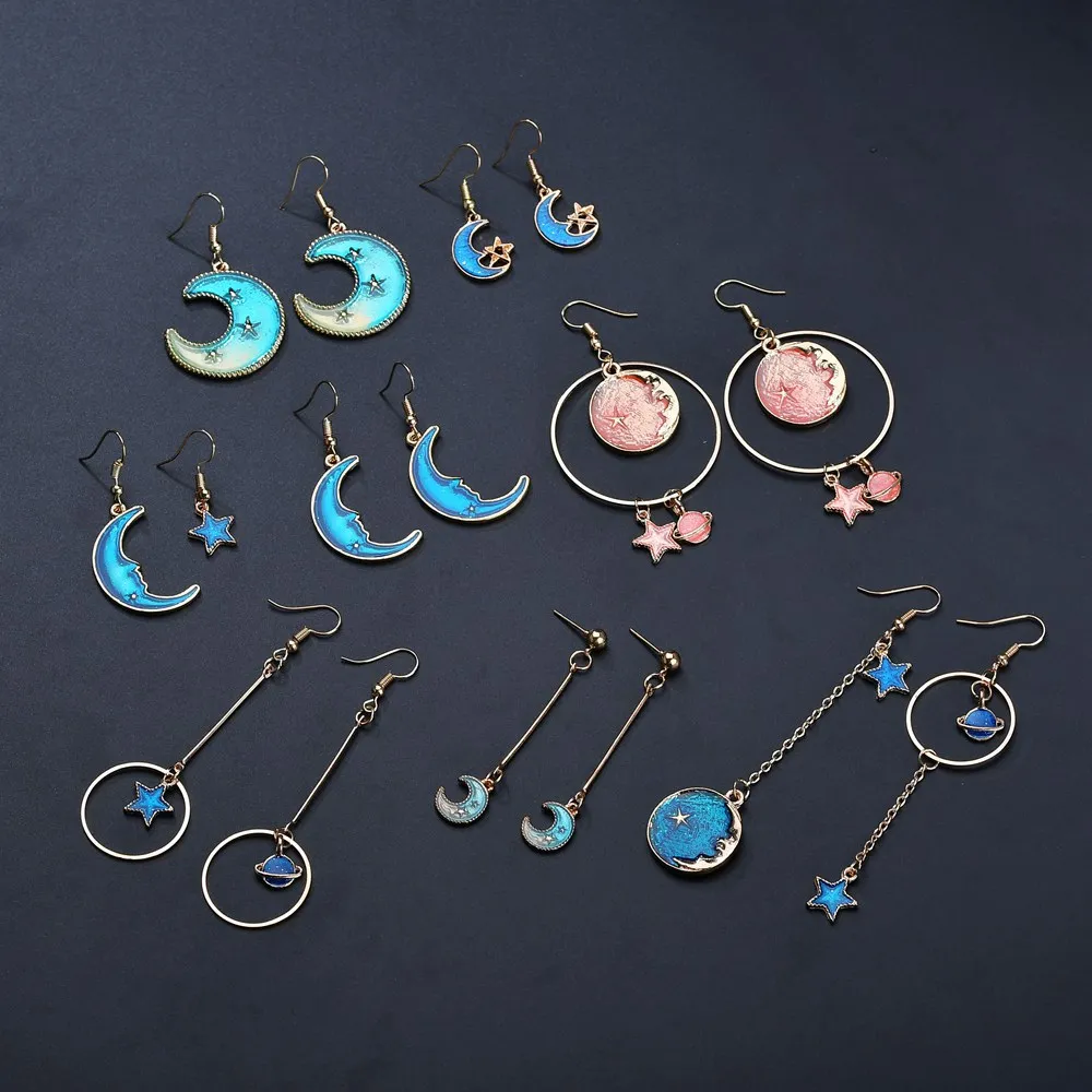 

New Korean Lovely Blue Star Moon Long Stud Earrings For Women Asymmetric Rocket Aircraft Planet Earrings Girl Female Gift Brinco