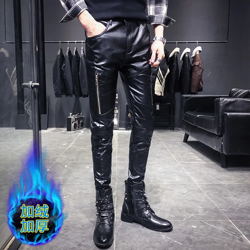 Новое поступление, мотоциклетные байкерские обтягивающие штаны, мужские готические панковские модные штаны из искусственной кожи, хип-хоп, на молнии, черные кожаные мужские брюки - Цвет: Fleece Black