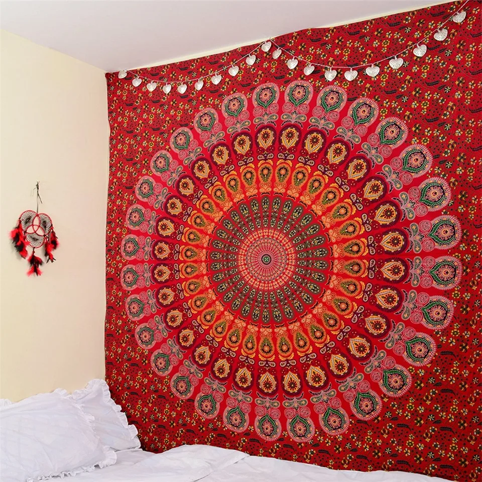 Гобелен в виде Красной мандалы павлина, Настенный декор, индийское пляжное одеяло, прямоугольное богемное покрывало, 148x200 см
