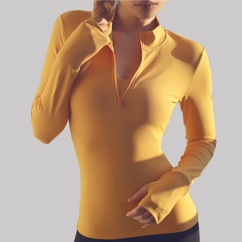 Ceny SALSPOR Sexy Women top do jogi Sport Zipper z długim rękawem koszulka do jogi z otworami na kciuki solidna szybkoschnąca oddychająca koszulka treningowa Gym