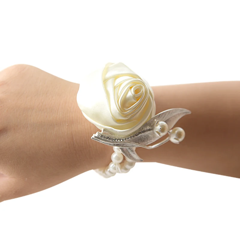 Kyunovia изготовленный на заказ Выпускной цветок браслет из цветов атласная роза запястье корсаж свадебная брошь в виде цветка, с жемчугом свадебный браслет FE53