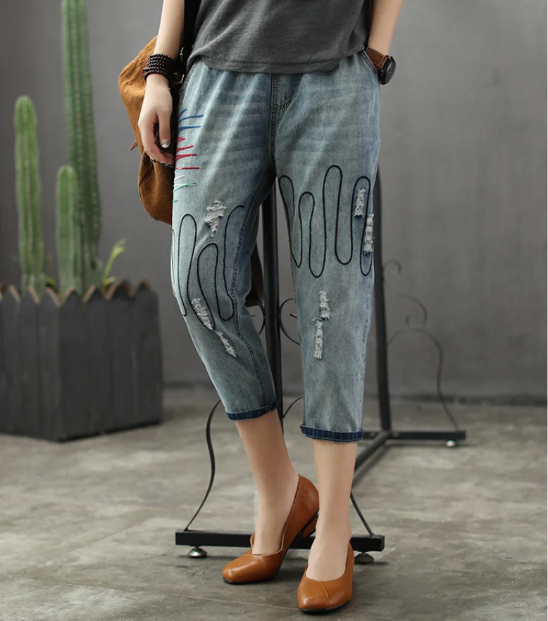 

Spring Jeans Women Retro Slim-type Denim Pants New Female Elastic Waist pocket Embroidery hole Blended Casual Trousers 2019