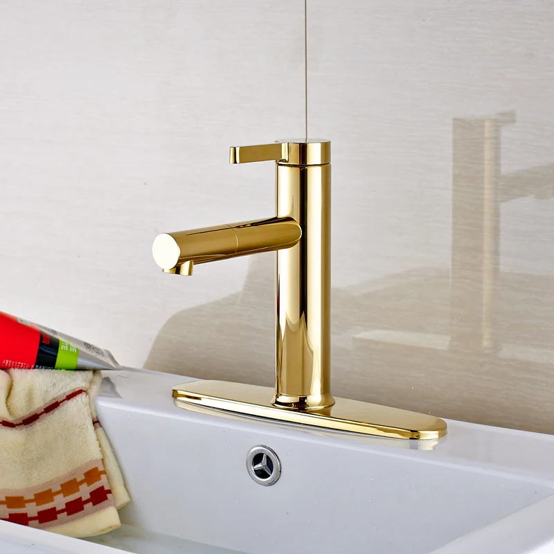 

Luxury Golden Color Bathroom Sink Faucet Deck Mounted Single Handle Mixer Tap with Cover Plate