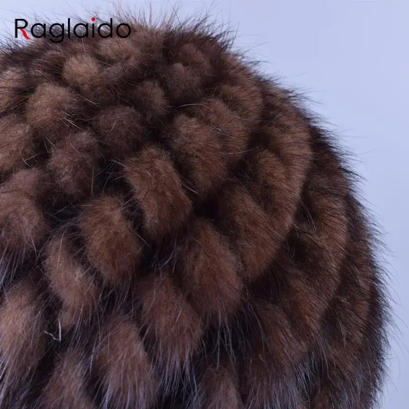 Raglaido Женская вязаная шапка mink fur шапки женские трикотажныеТрикотажные Норки Меховые Шапки для Женщин Подлинная Натурального Меха ананас Шапка Зимняя Шапочка Шляпы Снег Русский Реального Меховая Шапка LQ11191