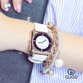 

New Fashion GUOU Brand Genuine Leather Square Dial Gold Black Quartz Wrist Watch Wriswatches for Women Ladies Luxury