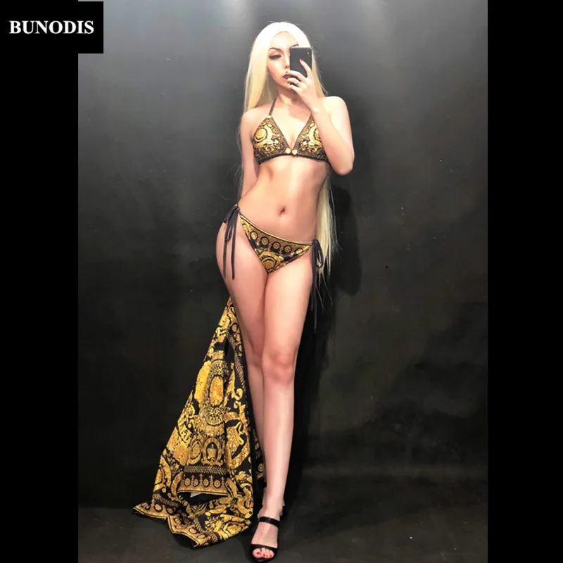 Costumes D'étape Usage Mode De Vêtements Impression Body Femmes Sexy Manteau Party Bling Défilé Bu187 Fleur Bikini Or Beach Oq6wB