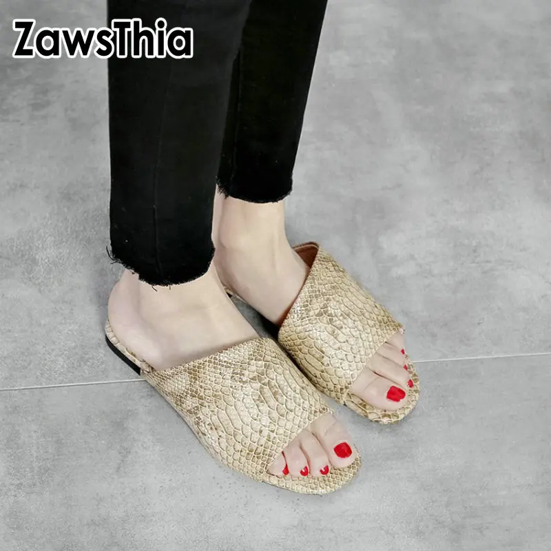 

ZawsThia 2019 summer pu snake print white black solid color woman outdoor slides women casual flats shoes open toe slippers