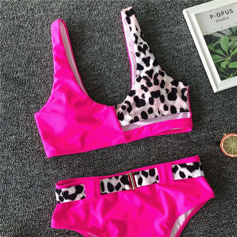 Retro Vintage Leopard Swimsuit High Waist Bikini Female Sexy Belt Swimwear Women Bathing Suit Patchwork Summer Beachwear