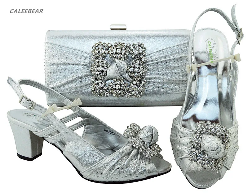 Silver Italian Shoes With Matching Bags Set Crystal Dress