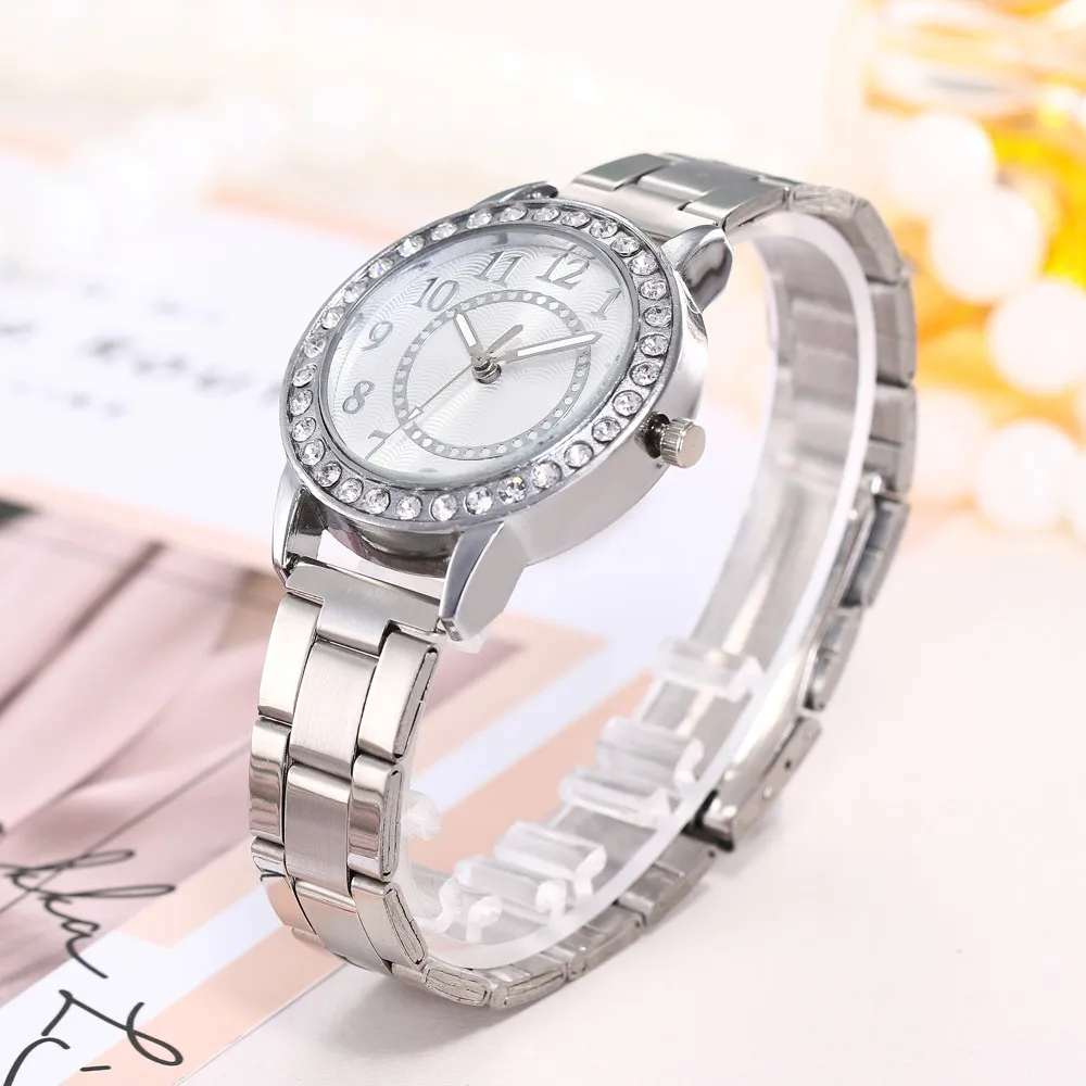 Новые поступления женские часы Роскошный брендовый горный хрусталь Круглый циферблат стальной ремень браслет часы кварцевые женские наручные часы Relojes Mujer# B