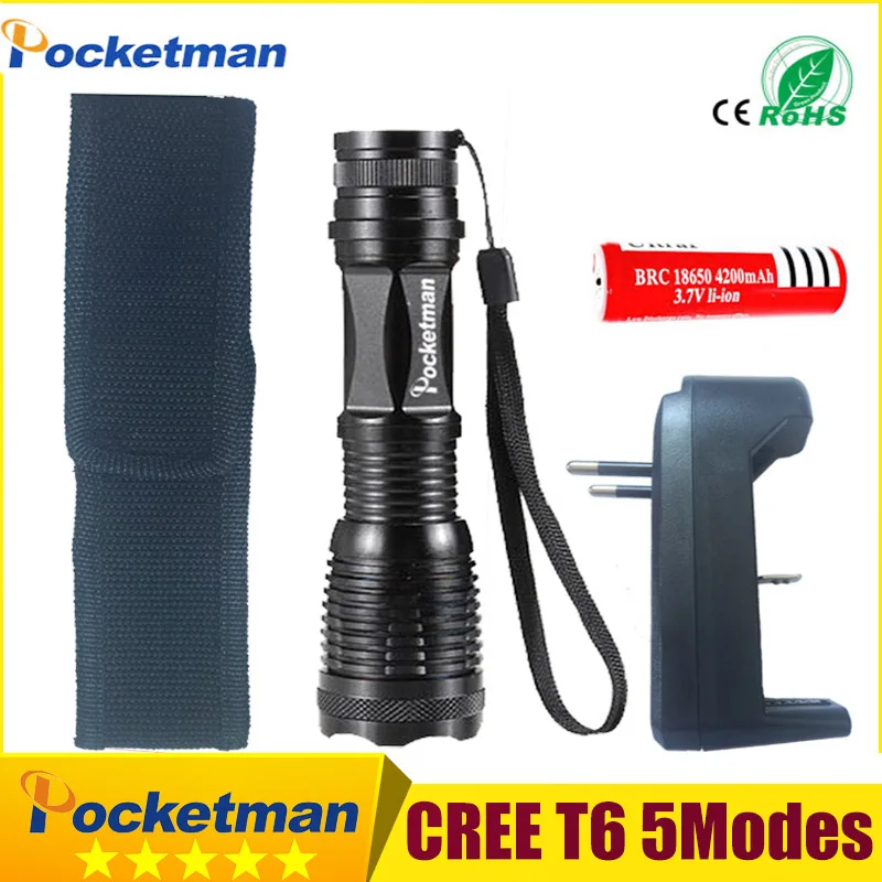 

LED flashlight torch e17 XM-L T6 4000 Lumens High Power Focus lamp Zoomable light with one battery, charger and sleeve zk50