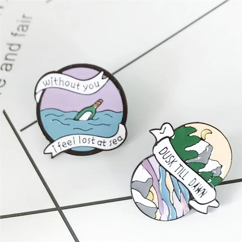 

XEDZ New fashion round sea mountain drift bottle badge brooch creative pop shirt backpack badge friends small gift
