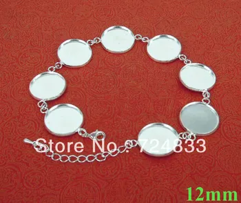 

12mm Silver Plated Brass Round Bezel Tray Lobster Clasp Link Chain Bracelets Glass Vial CABs Blank Bracelet Settings Wholesale