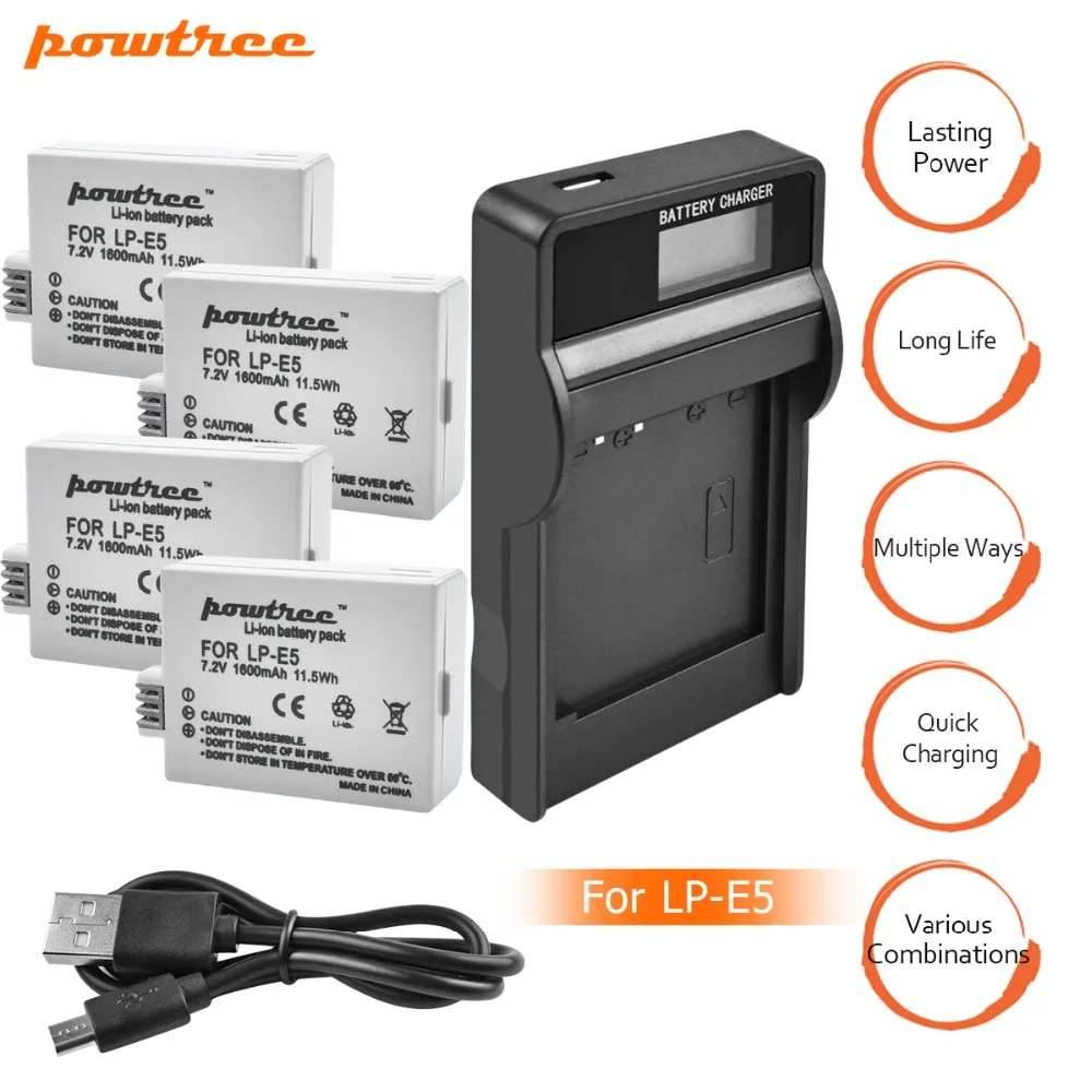 4 шт. LP-E5 батарея bateria lp e5 2 шт. lpe5 батареи + ЖК-дисплей USB зарядное устройство для Canon DSLR EOS 500D 450D 1000D kiss x3 экш-камеры L15