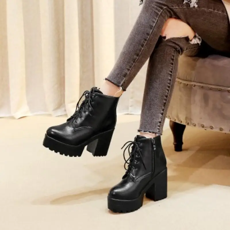 RizaBina/Размеры 33-44; ботильоны; женская зимняя обувь на меху; женские ботинки на платформе; модные мотоботы на высоком каблуке со шнуровкой