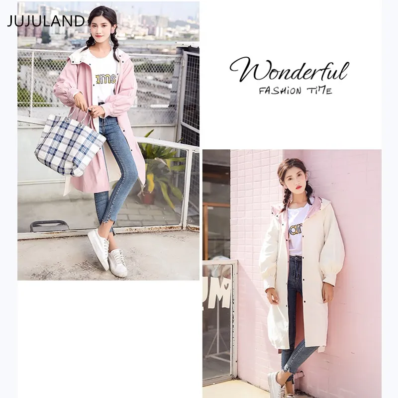 JUJULAND woman trench two side can wear solid hooded long casual coat Waterproof coat botton Elastic waist coat 2018 autumn JUJULAND woman trench two side can wear solid hooded long casual coat Waterproof coat botton Elastic waist coat 2018 autumn
